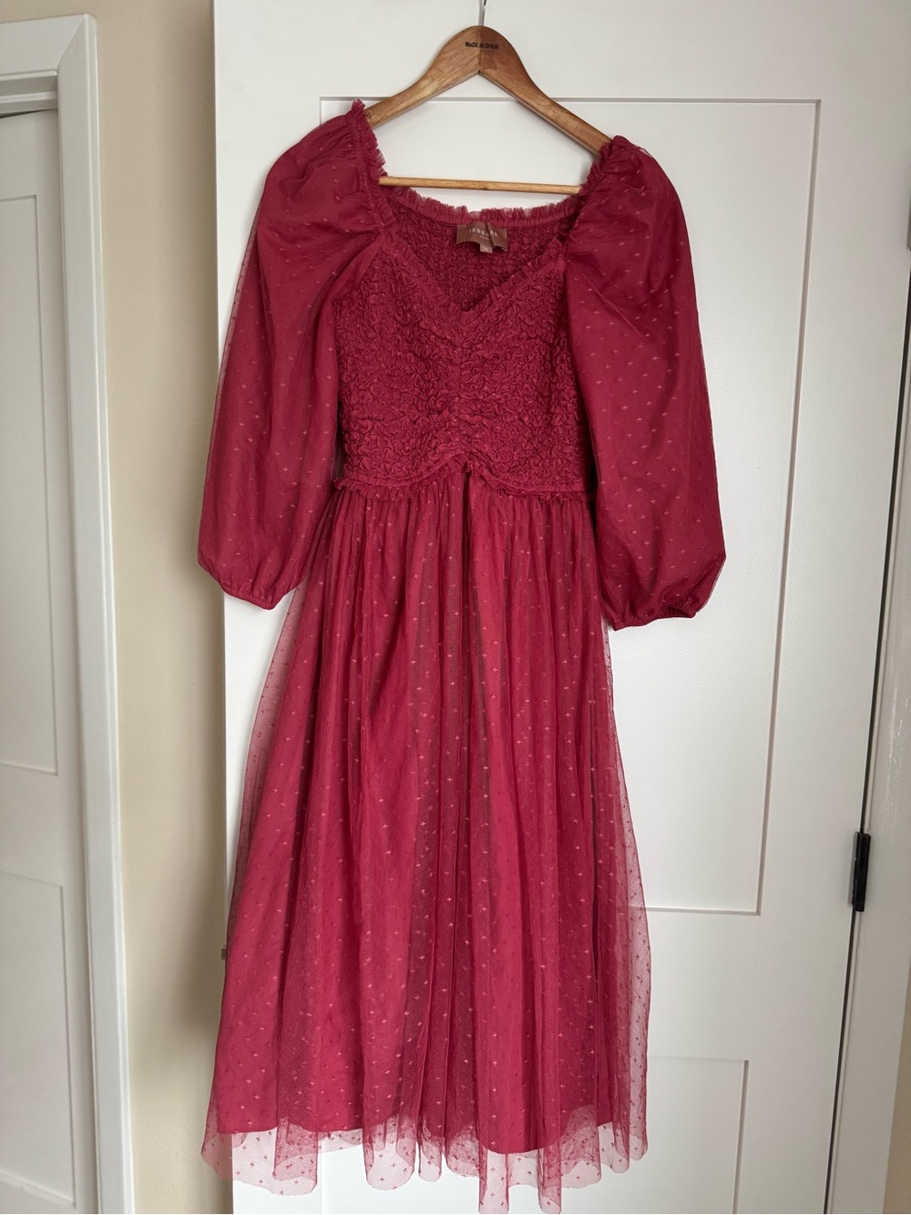 JessaKae Red Puff-Sleeve Midi Tulle Dress